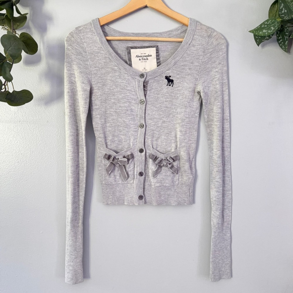 Abercrombie & Fitch Cardigan Y2K Ballet Velvet Bow Pocket Sweater XS Logo Gray